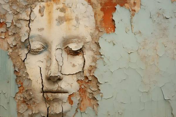 Fresko eines Gesichts mit niedergeschlagenen Augen, auf einer Wand mit abblätterndem Putz