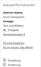 Statusinfobox eines Bausteins der Seitenfpflege mit der neuen Funktion "FE im neuen Tab öffnen"