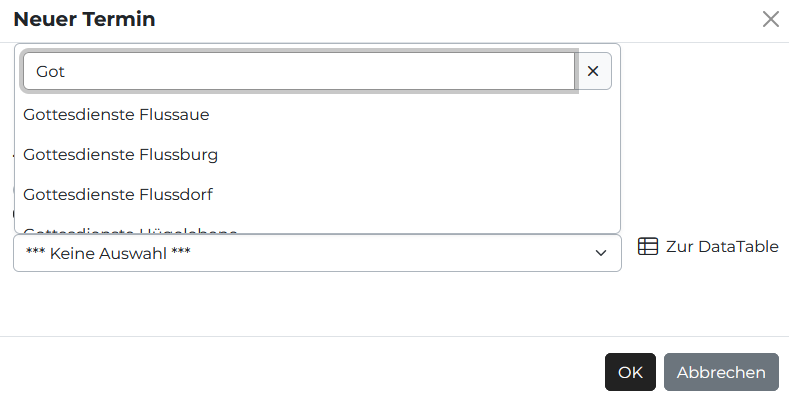 Screenshot aus SESAM, der die Auswahlbox mit Suchfunktion zur Selektion eines vorhandenen Termincontainers zeigt