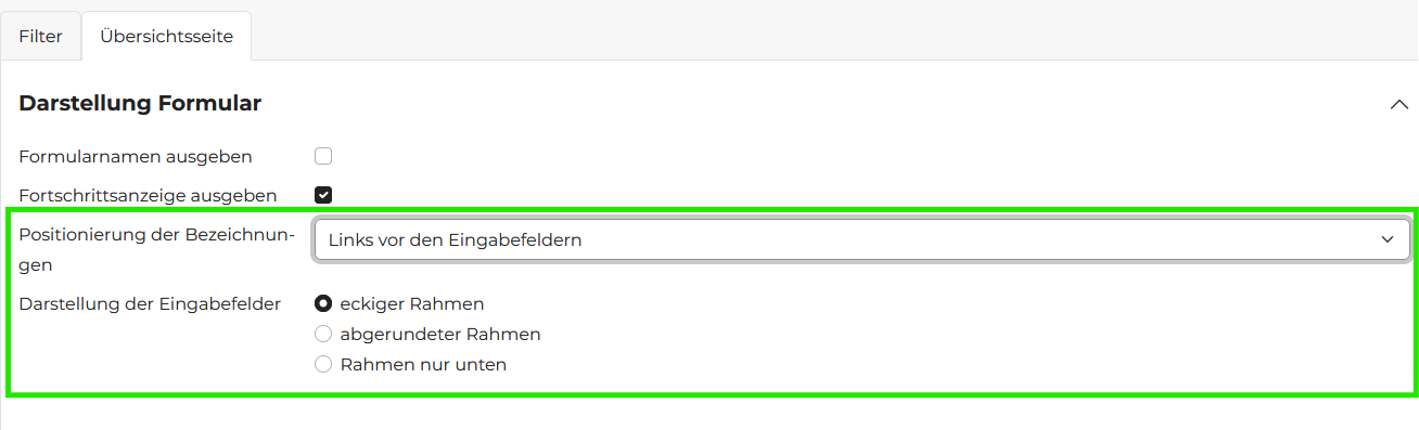 Gestaltungsoptionen zur Ausgabe eines Formulars im Formulare-Baustein