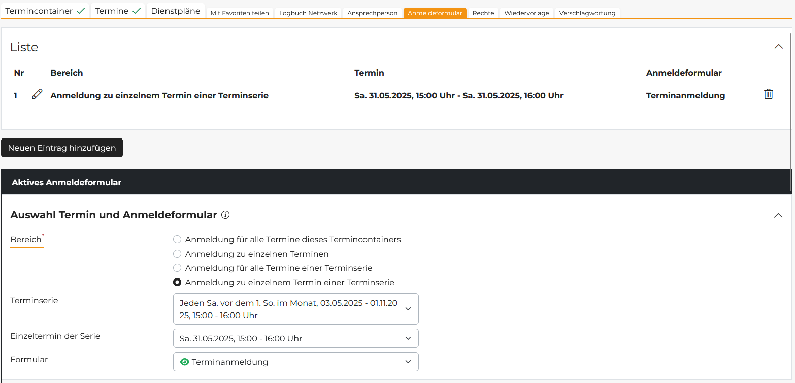 Bei Bedarf lassen sich für jeden Serientermin unterschiedliche Formulare, Empfänger und weitere Einstellungen hinterlegen.