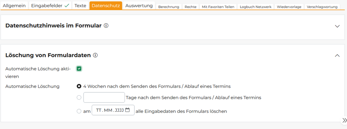 Aktivierung der automatischen Löschfunktion im neuen Registerreiter "Datenschutz"