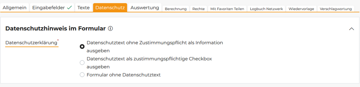 Der Datenschutztext wird standardmäßig als Infotext ohne Zustimmungspflicht ausgegeben