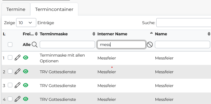 Die Termine-DataTable wurde um Termincontainer erweitert