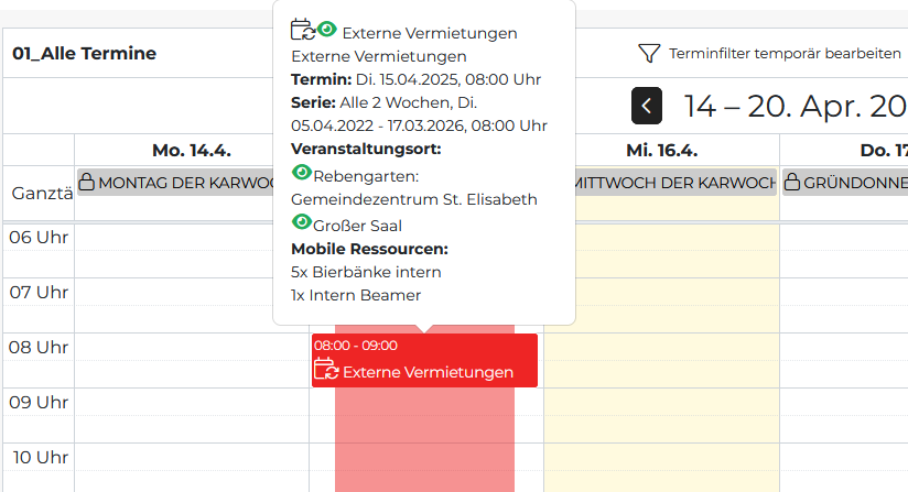 Der Screenshot zeigt eine Termindarstellung in der Farbe der ersten zugeteilten mobilen Ressource (Bierbänke = rot).