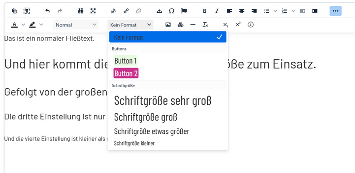 Auswahlbox im Texteditor zur Einstellung der Schriftgrößen